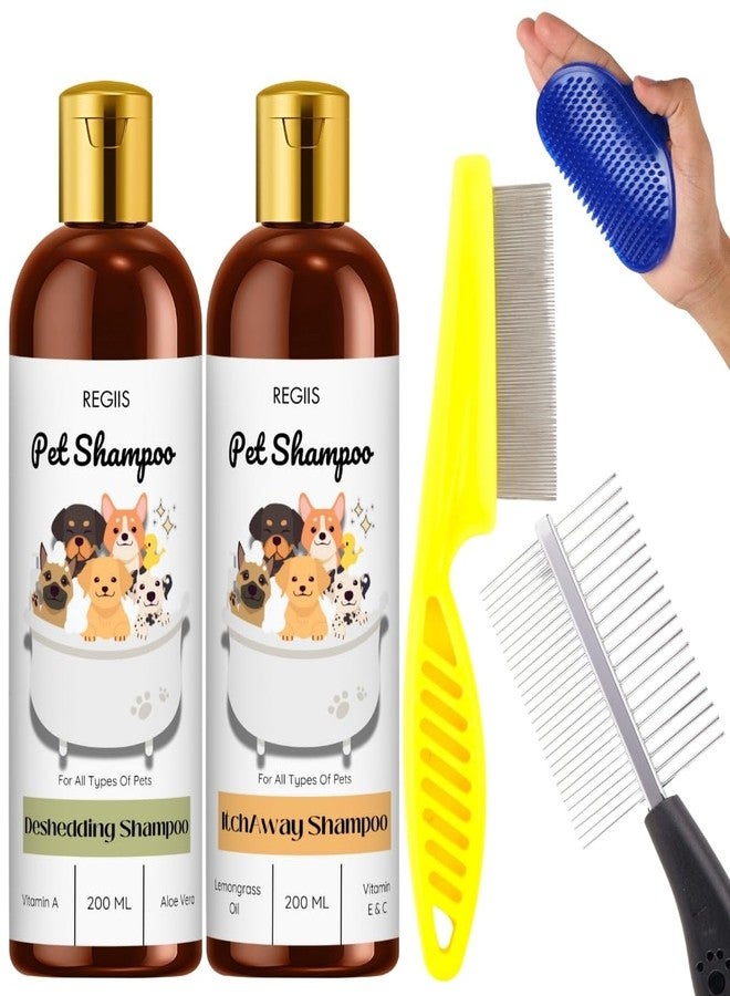 مجموعة ريجيس للعناية بالحيوانات الأليفة مع شامبو لإزالة الشعر الزائد، وشامبو لتخفيف الحكة، ومشط مزدوج الجوانب للحيوانات الأليفة، وفرشاة للعناية، وزجاجات سعة 200 مل (عبوة من 5 زجاجات) - Image 1